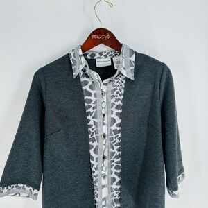 Alfred Dunner 3/4 Sleeve Animal Print Detail Blouse Top‎ Heather Gray Size PS